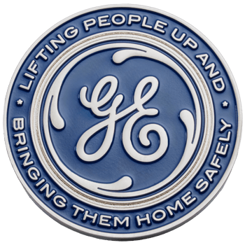 Circular GE challenge coin with blue enamel and silver text reading Lifting People Up and Bringing Them Home Safely.