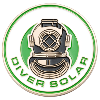Circular challenge coin featuring a black and gold diving helmet over a green circle with Diver Solar text in green and gold.