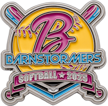 Custom softball lapel pin featuring a pink B, crossed bats, yellow softball, and the text Barnstormers Softball 2025.