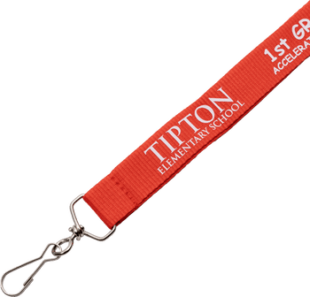 Red woven fabric lanyard for Tipton Elementary School with white text and a silver swivel hook attachment.