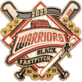 Custom softball lapel pin for TRAA Warriors Black Fastpitch 2025 featuring crossed bats, softballs with player numbers, and a 12U banner.