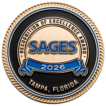 Gold challenge coin with SAGES logo, a blue 2026 banner, and Tampa Florida text on a black background with a rope edge.