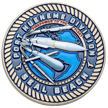 Circular challenge coin featuring Port Hueneme Division Seal Beach text with missiles over a globe and a rope border.
