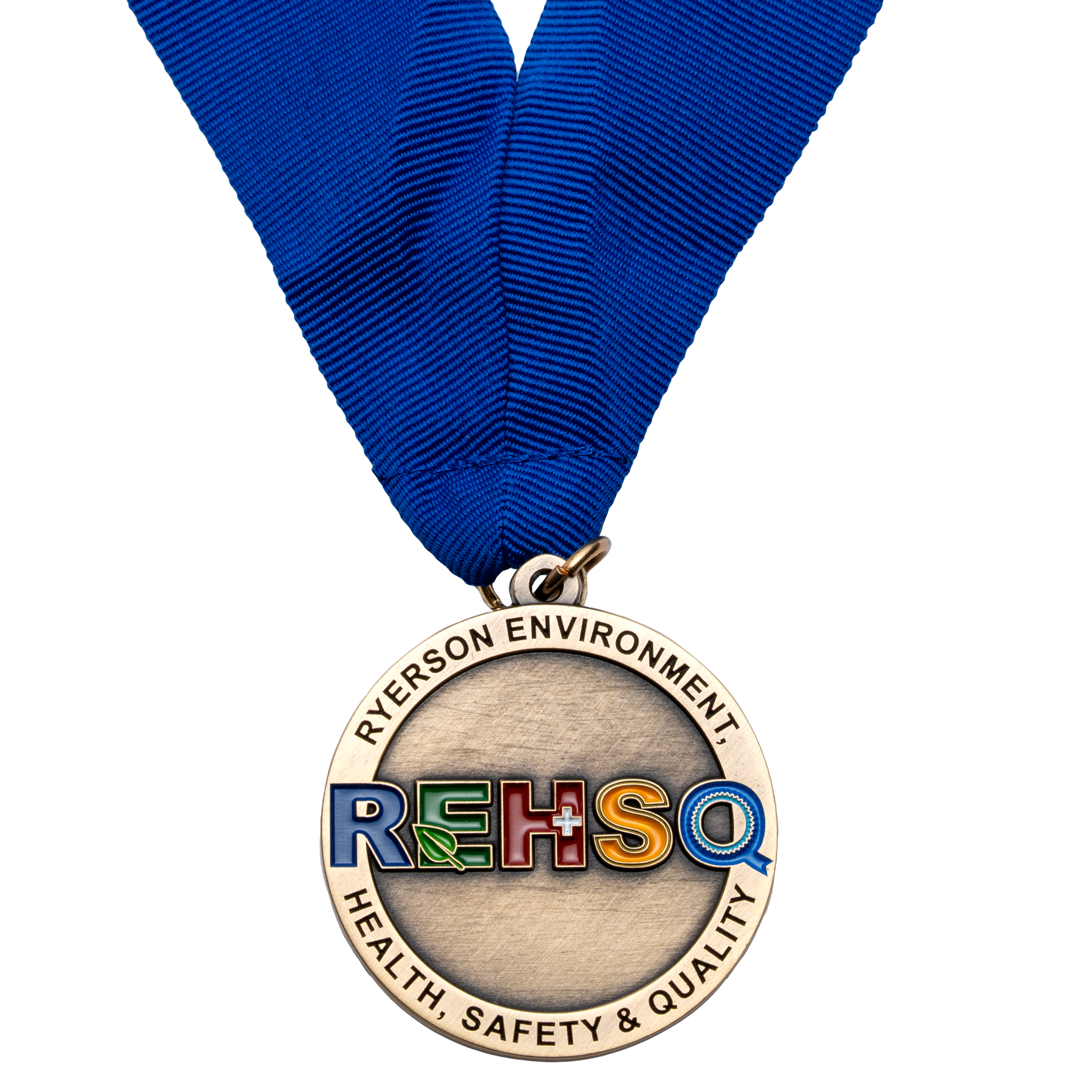 Gold finish medal with blue, green, red, and yellow REHSQ logo on a blue neck ribbon.