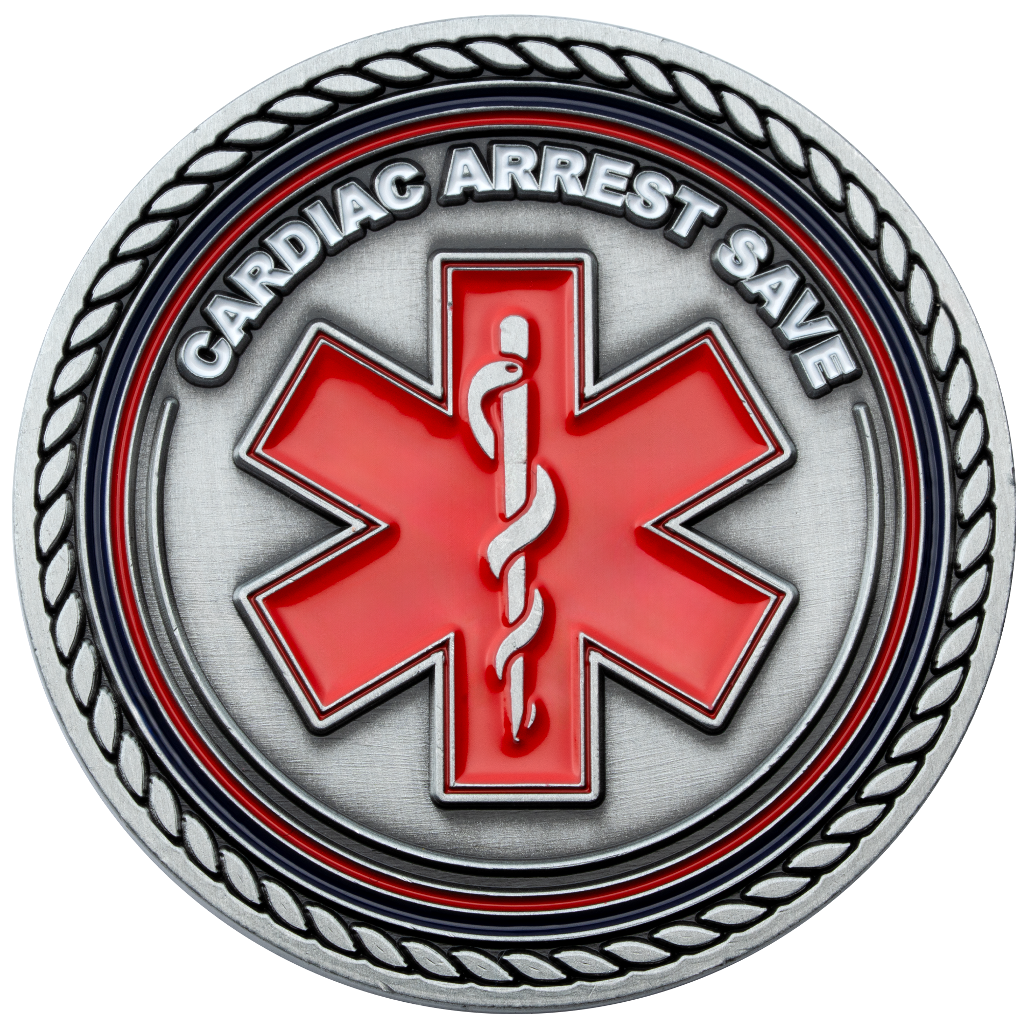 Antiqued silver challenge coin featuring a red Star of Life and the text Cardiac Arrest Save with a rope border.