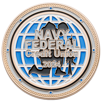 Navy Federal Credit Union 2024 challenge coin featuring a globe background, a soldier silhouette, and a rope border with blue stars.