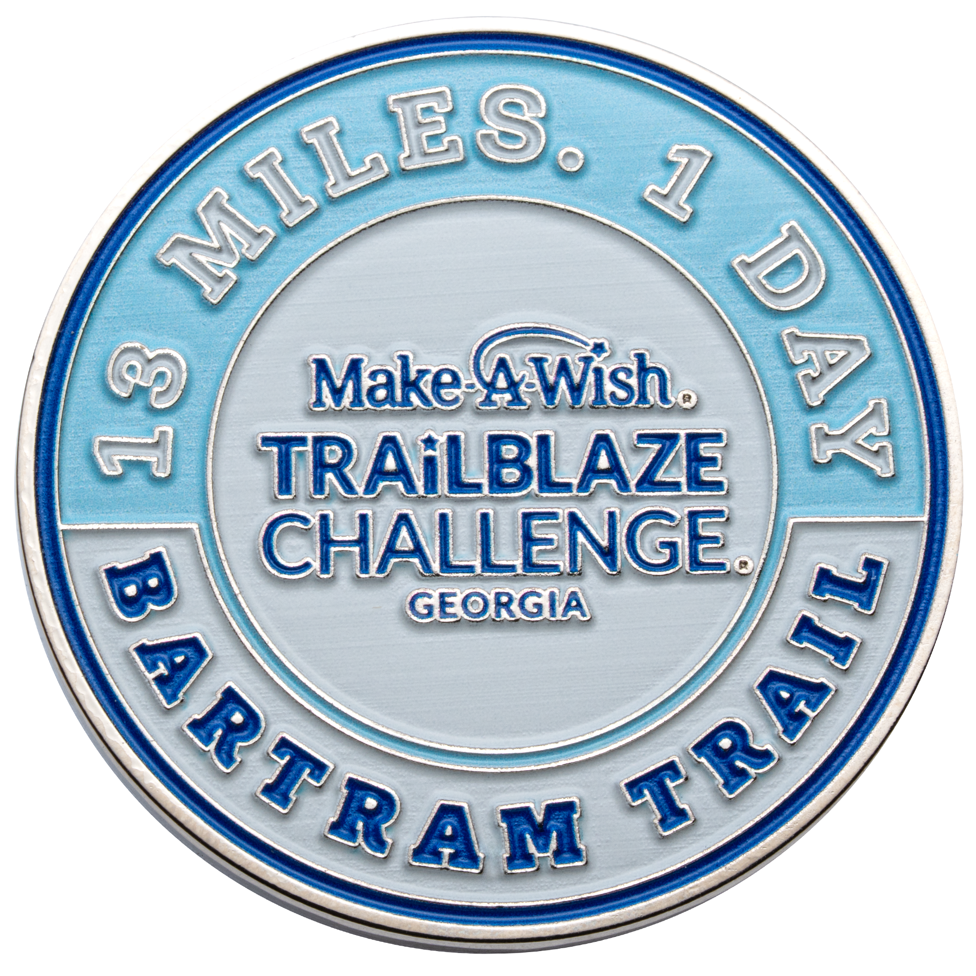 Round Make-A-Wish Trailblaze Challenge Georgia challenge coin featuring blue and white enamel with 13 Miles 1 Day Bartram Trail text.