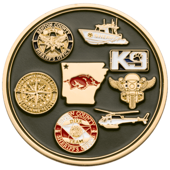 Circular challenge coin featuring various Benton County Sheriff's Office units including SWAT, K9, Dive Team, and Search and Rescue on a dark green background.