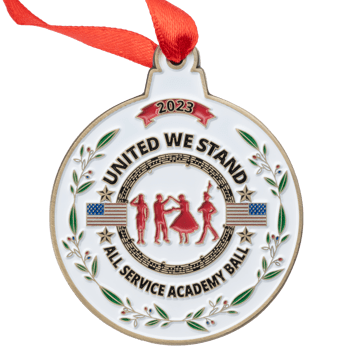 Circular white enamel ornament featuring 'All Service Academy Ball' text, dancing silhouettes, American flags, and a red ribbon.