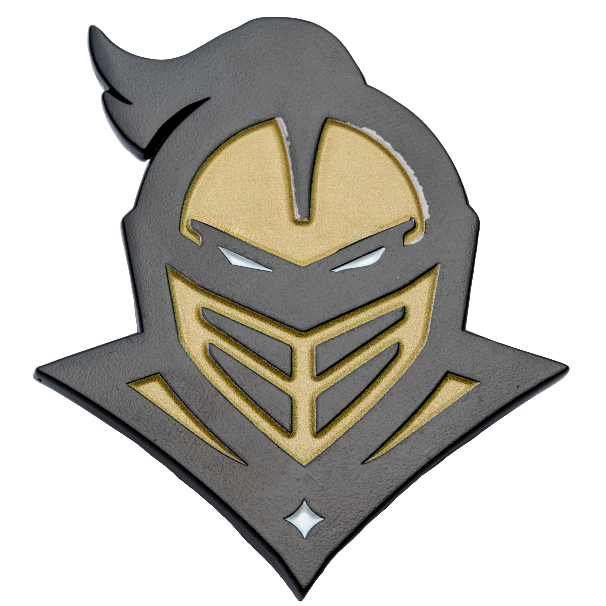 Black and gold knight helmet lapel pin with white eyes and stylized visor.