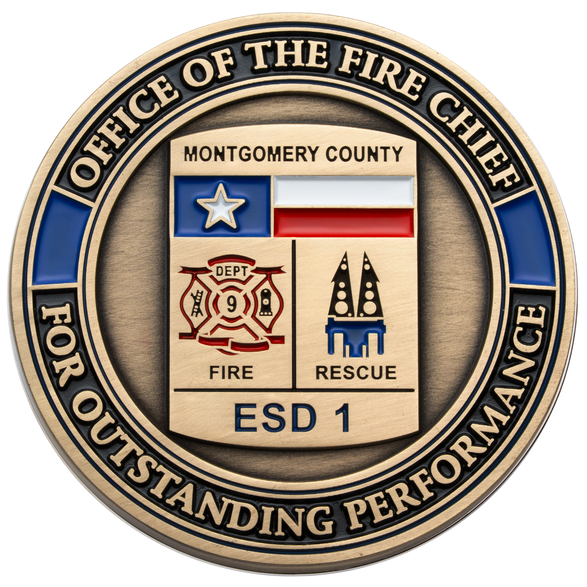 Antiqued gold challenge coin for Montgomery County ESD 1 Office of the Fire Chief featuring a Texas flag, fire department logo, and rescue emblem.