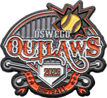 Softball lapel pin featuring the Oswego Outlaws logo, a yellow softball with red stitching, a home plate with the year 2025, and crossed bats.
