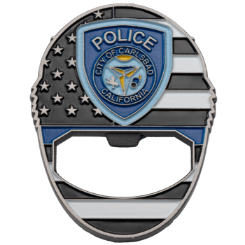 Shield-shaped bottle opener featuring City of Carlsbad Police emblem over a black and white American flag with a thin blue line.