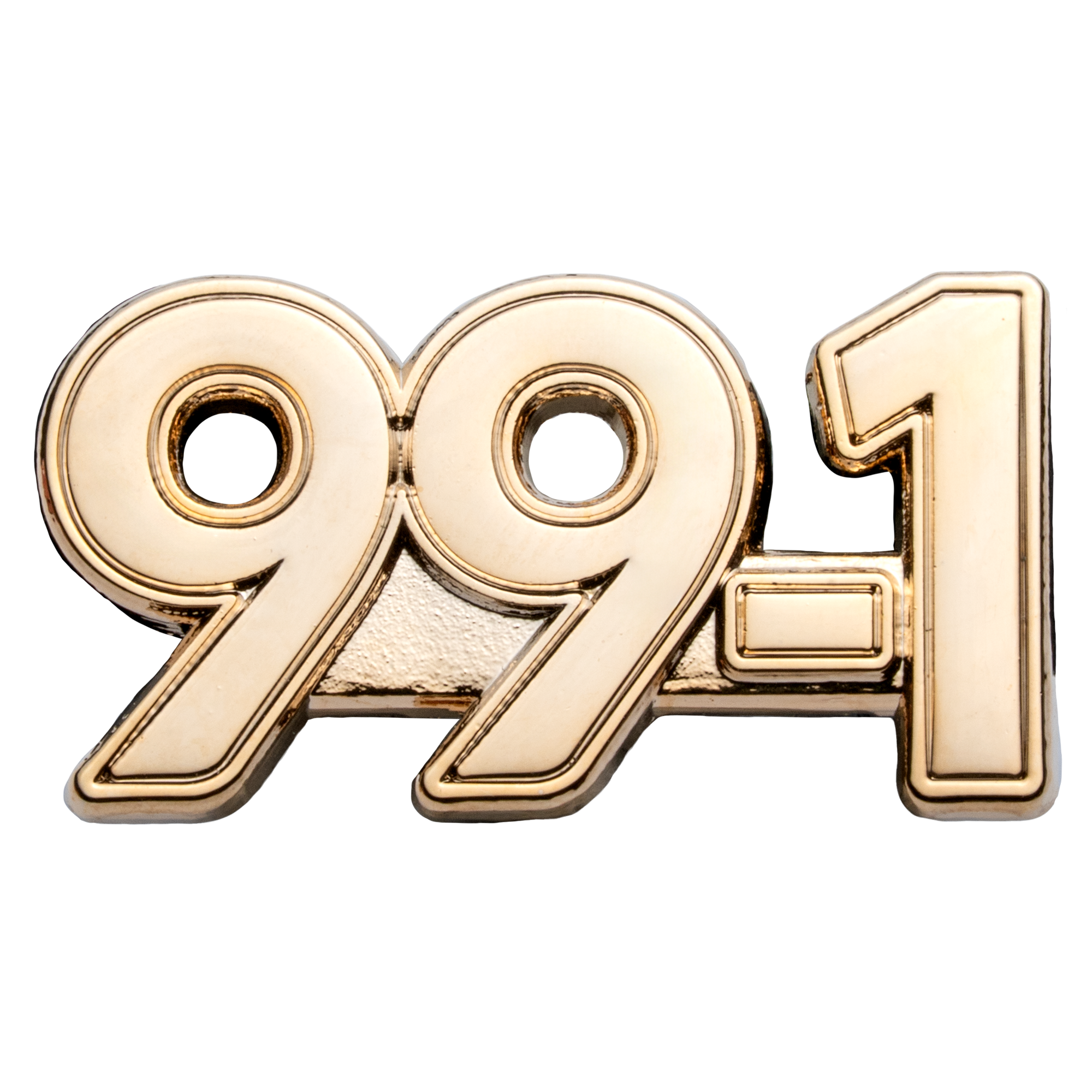 Gold-plated lapel pin in the shape of the numbers 99-1 with a polished finish and recessed borders.