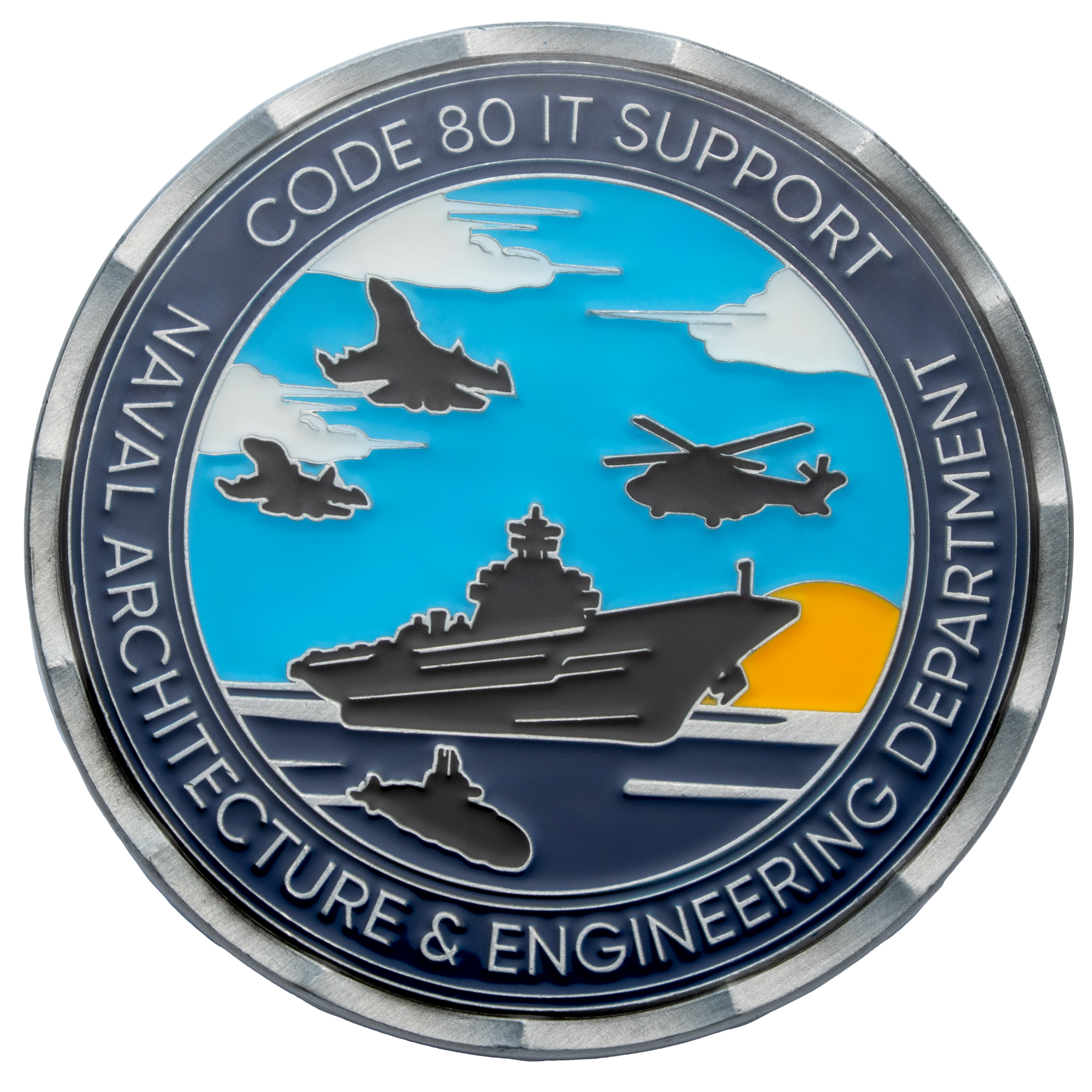 Circular challenge coin featuring Naval Architecture & Engineering Department text with an aircraft carrier, submarine, jets, and helicopter over a blue sea.