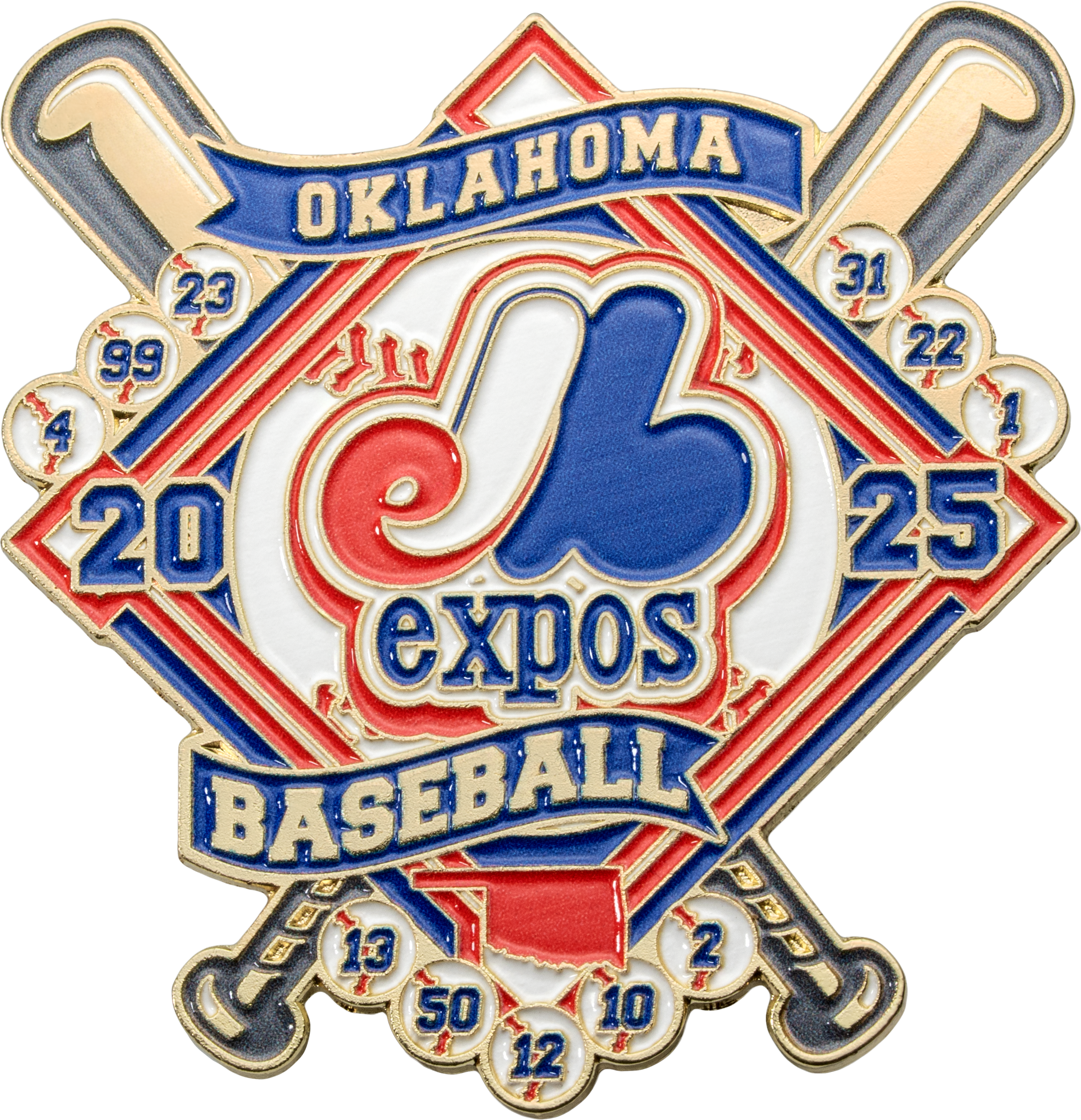 Oklahoma Expos Baseball lapel pin featuring crossed bats, a diamond shape, and jersey numbers on small baseballs.