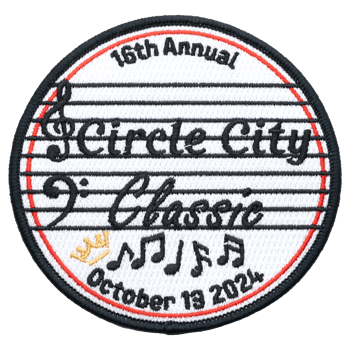 Circular embroidered patch for the 16th Annual Circle City Classic featuring music notes and staff lines.