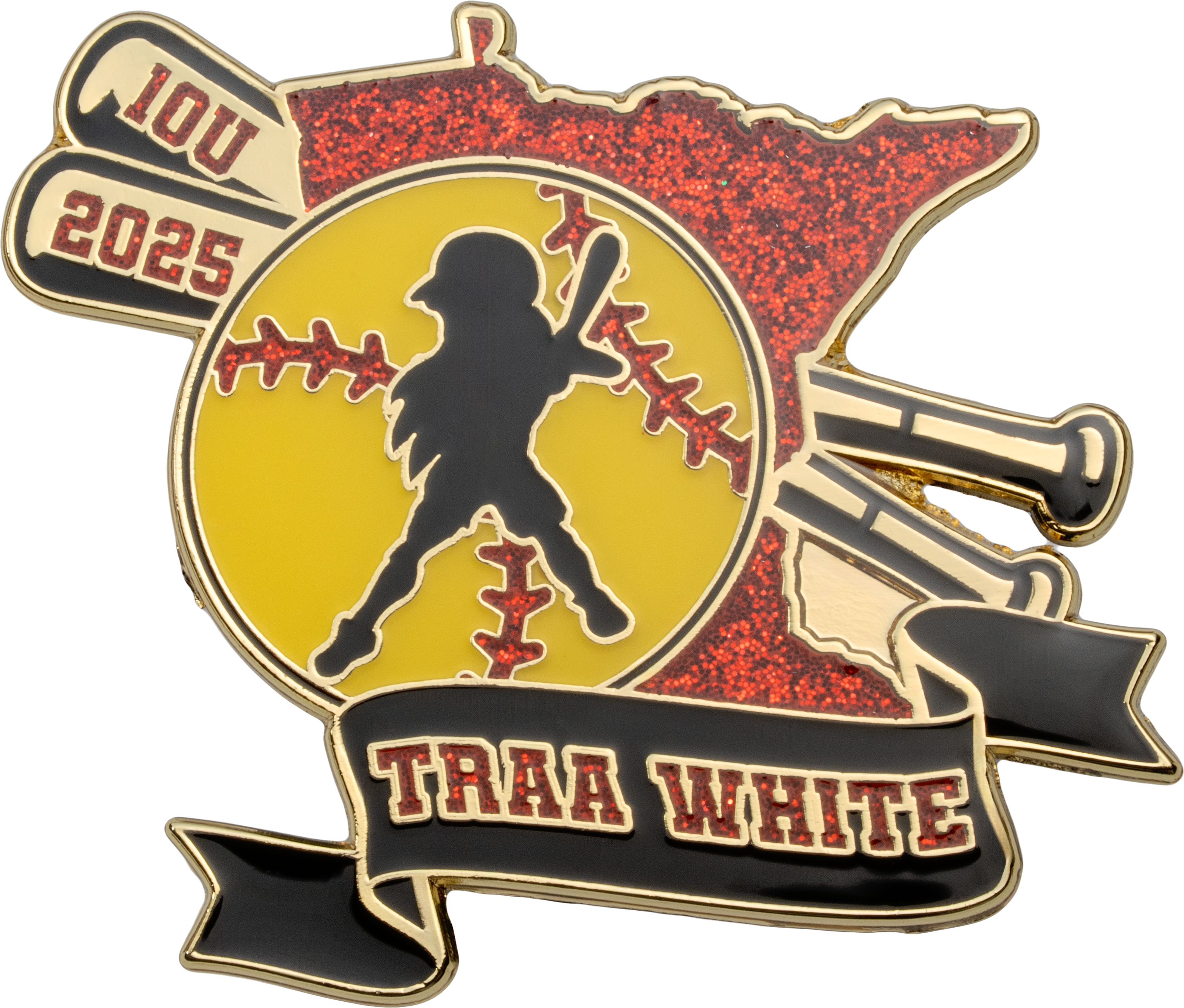 Custom softball lapel pin featuring a batter silhouette, yellow softball, red glitter Minnesota state outline, and TRAA White text on a black banner.