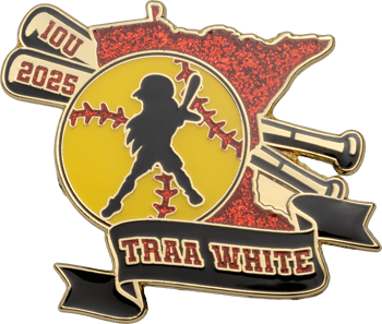 Custom softball lapel pin featuring a batter silhouette, yellow softball, red glitter Minnesota state outline, and TRAA White text on a black banner.