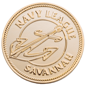 Gold challenge coin featuring the Navy League Savannah text and a large anchor emblem with a rope border.
