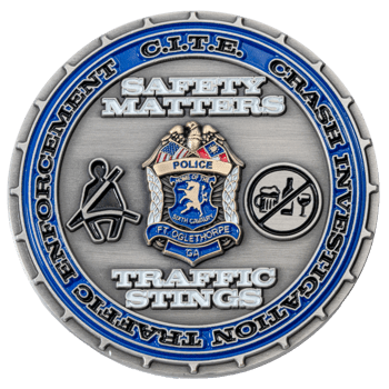Antiqued silver challenge coin for C.I.T.E. Traffic Enforcement and Crash Investigation, featuring a Ft. Oglethorpe Police badge and safety icons.