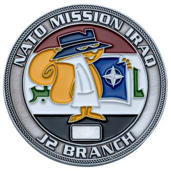 Circular challenge coin featuring a cartoon squirrel in a detective outfit with the NATO logo and the text NATO Mission Iraq J2 Branch.
