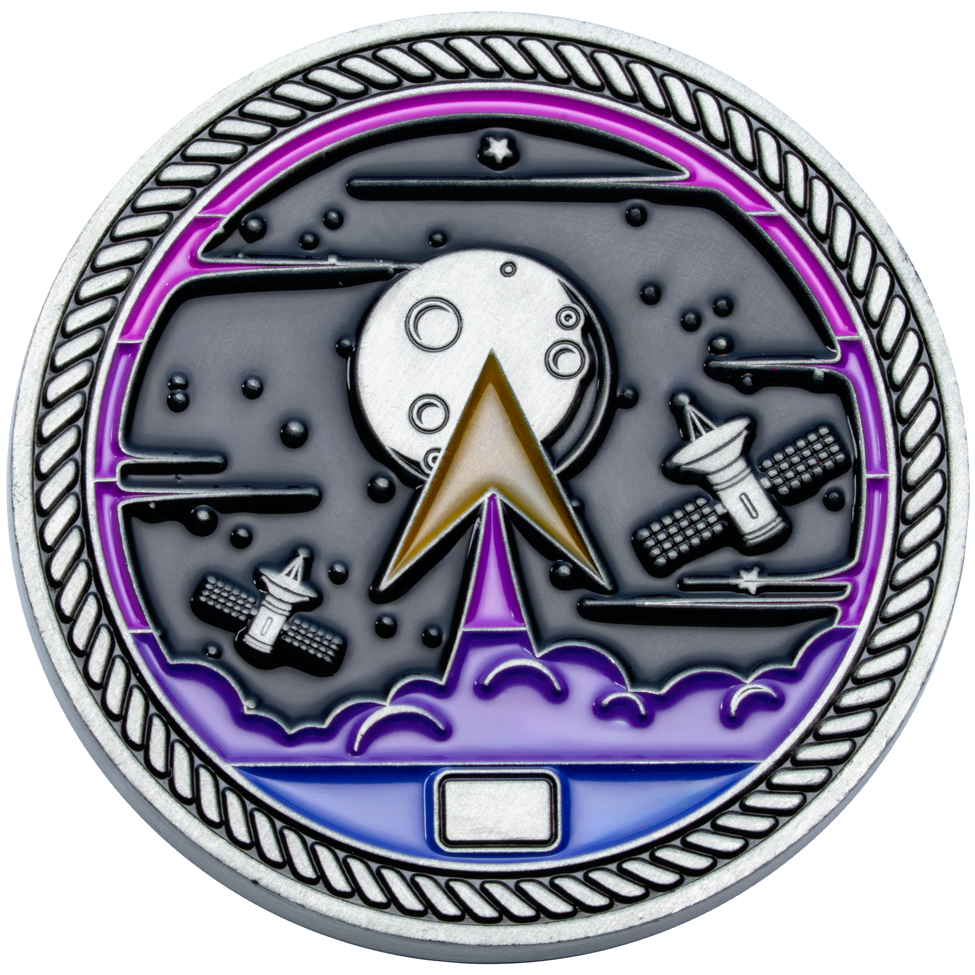 Circular challenge coin featuring a gold delta symbol, moon, and satellites over a purple and blue space background with a rope edge.
