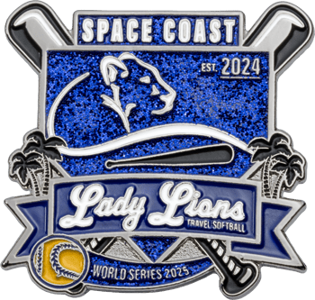 Space Coast Lady Lions travel softball trading lapel pin featuring a lion head, palm trees, and blue glitter background.
