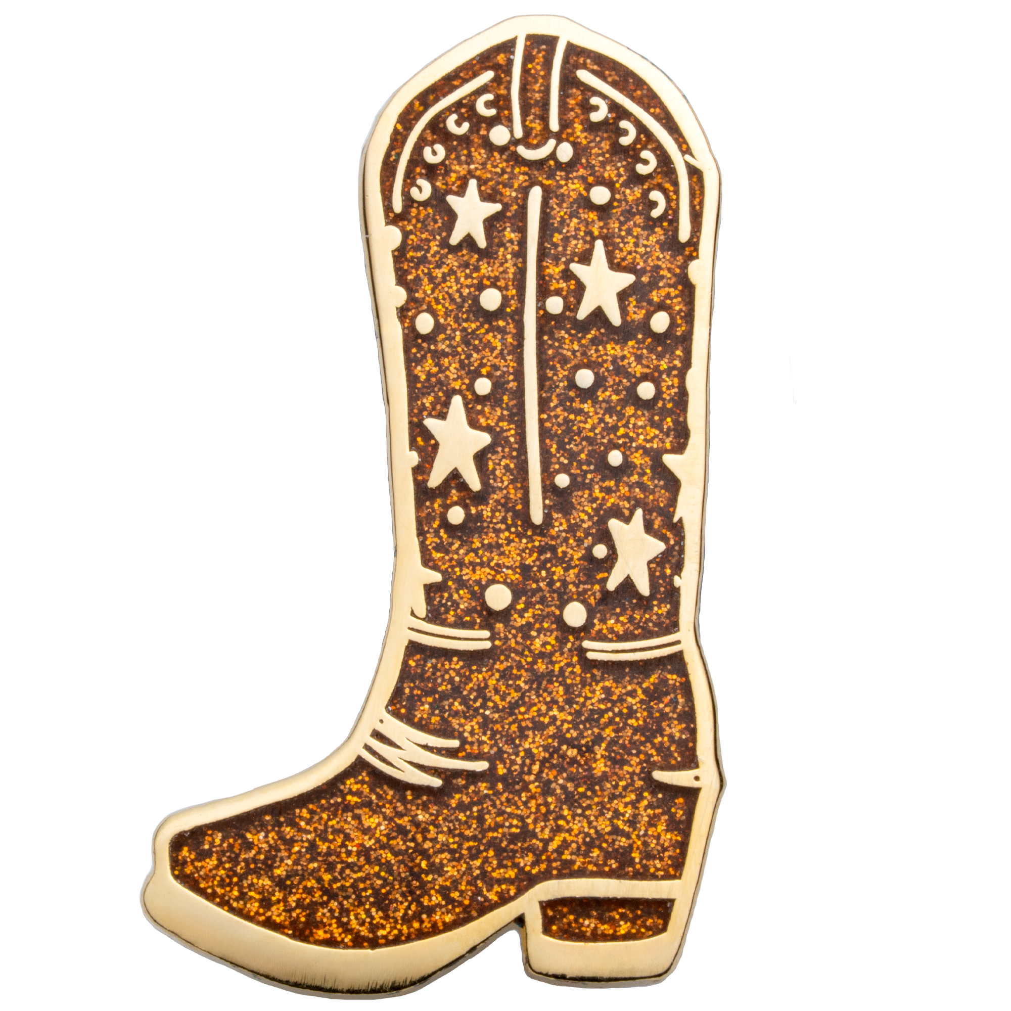 Gold-plated cowboy boot lapel pin with orange glitter and star design.