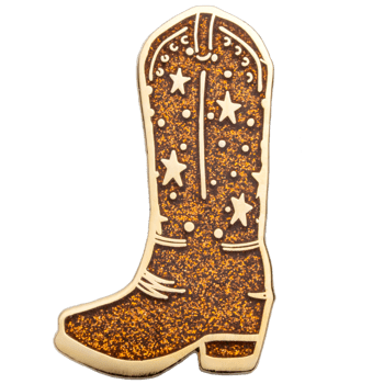 Gold-plated cowboy boot lapel pin with orange glitter and star design.