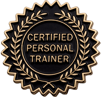 Gold and black lapel pin featuring 'Certified Personal Trainer' text surrounded by a laurel wreath and sunburst edge.