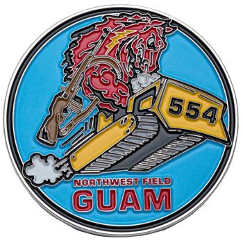 Enamel challenge coin featuring a red horse head, rifle, and bulldozer design with the text Northwest Field Guam 554 on a blue background.