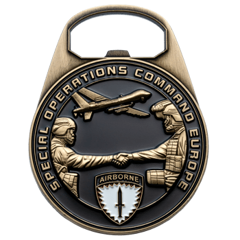 Antique bronze bottle opener challenge coin featuring soldiers shaking hands, a drone, and Special Operations Command Europe text.