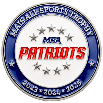 Circular silver medallion with blue and red enamel featuring MRA Patriots, MAIS All Sports Trophy, and years 2023-2025.