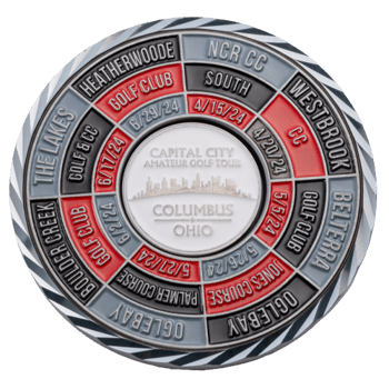 Circular challenge coin featuring Capital City Amateur Golf Tour Columbus Ohio, surrounded by concentric rings listing golf courses and 2024 dates in red and gr