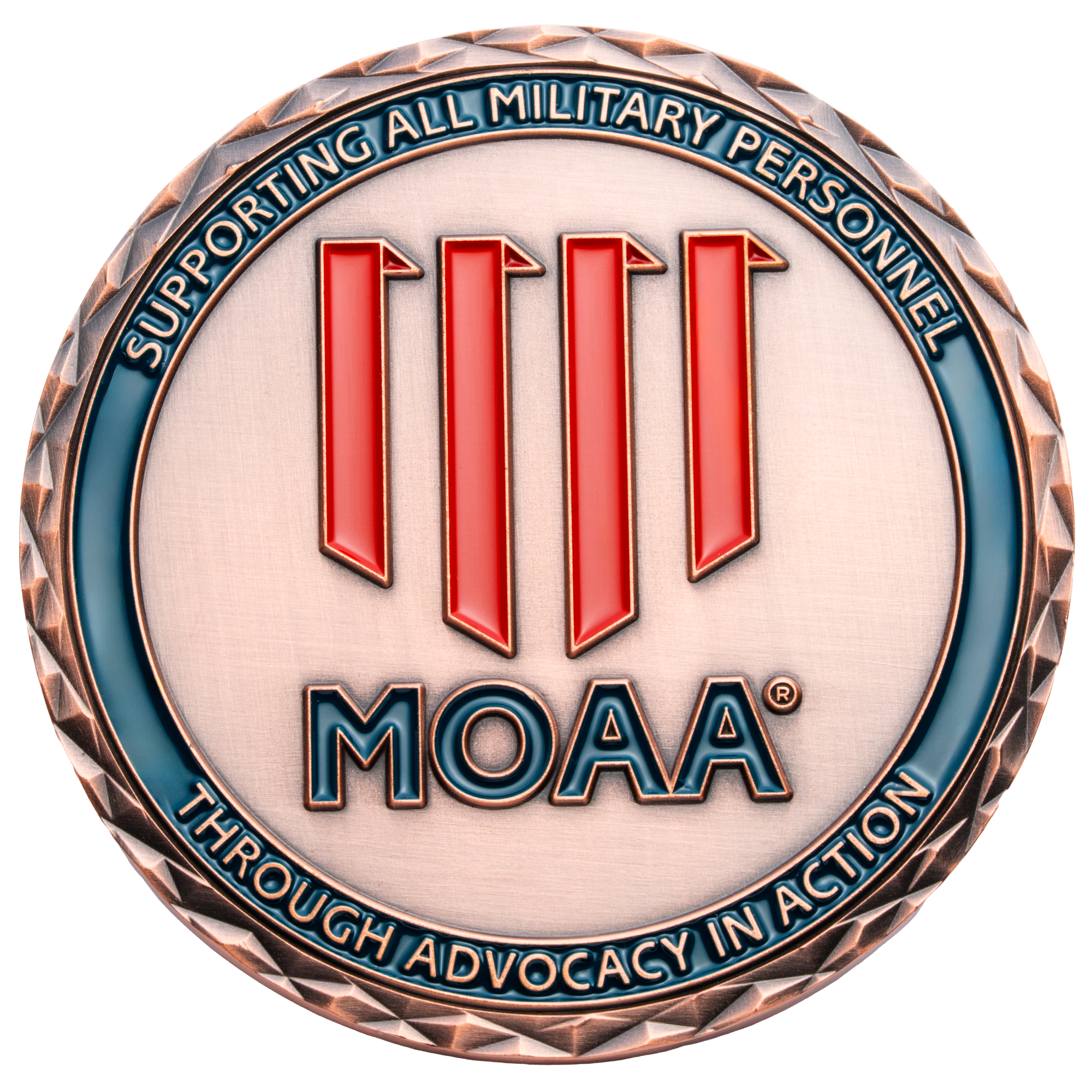 Antiqued copper MOAA challenge coin featuring four red vertical bars and a textured diamond-cut edge.