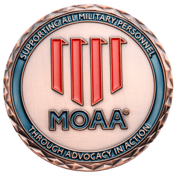 Antiqued copper MOAA challenge coin featuring four red vertical bars and a textured diamond-cut edge.