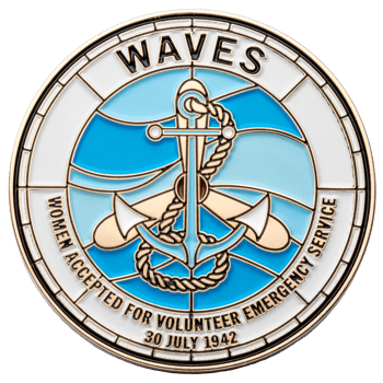 Circular enamel challenge coin featuring an anchor, rope, and blue wave pattern with the text WAVES and Women Accepted for Volunteer Emergency Service.