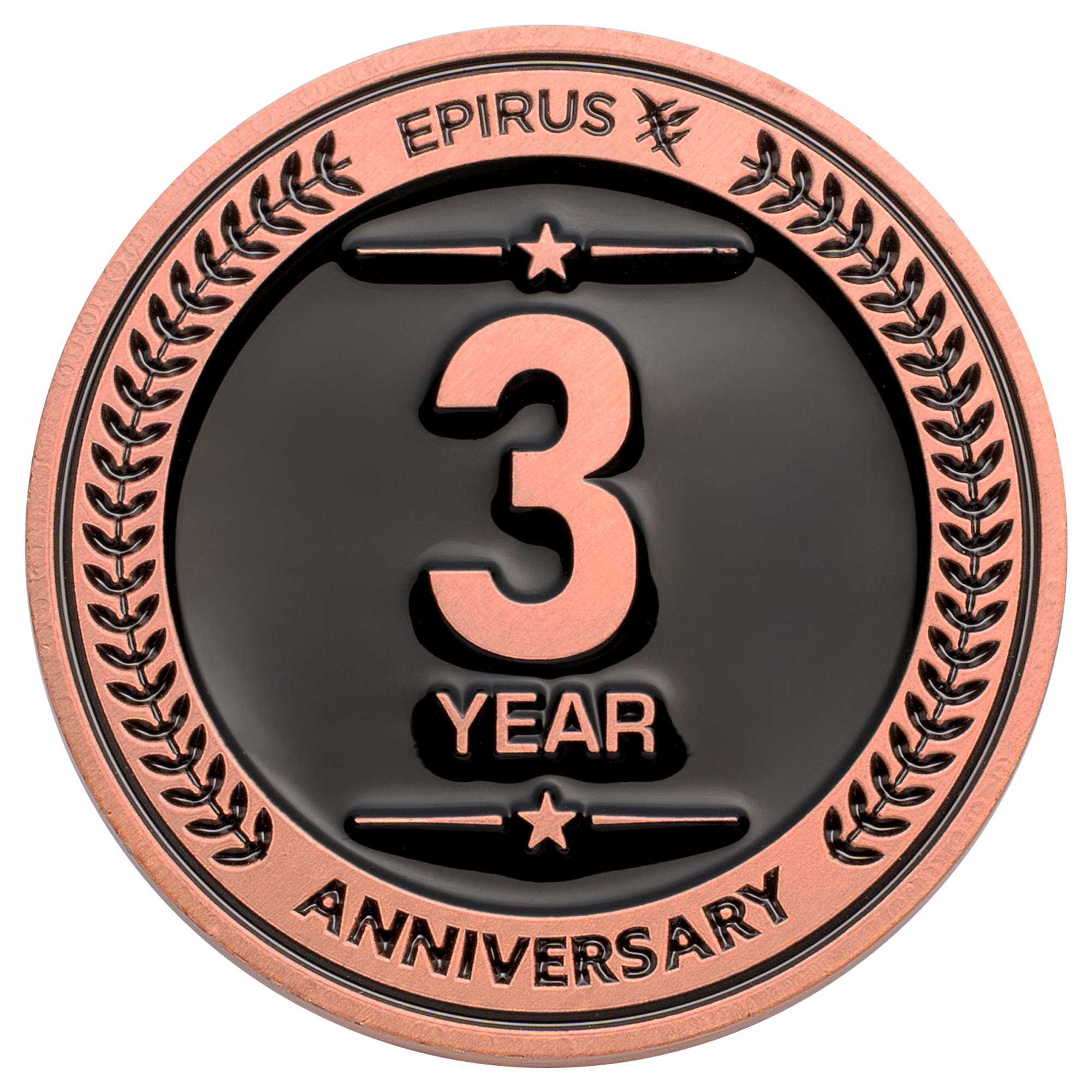 Epirus 3 year anniversary challenge coin with copper finish, black enamel background, and laurel wreath border.