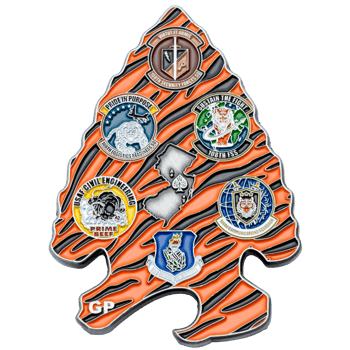 Arrowhead shaped challenge coin with tiger stripe pattern featuring multiple Air National Guard squadron emblems and the state of New Jersey.