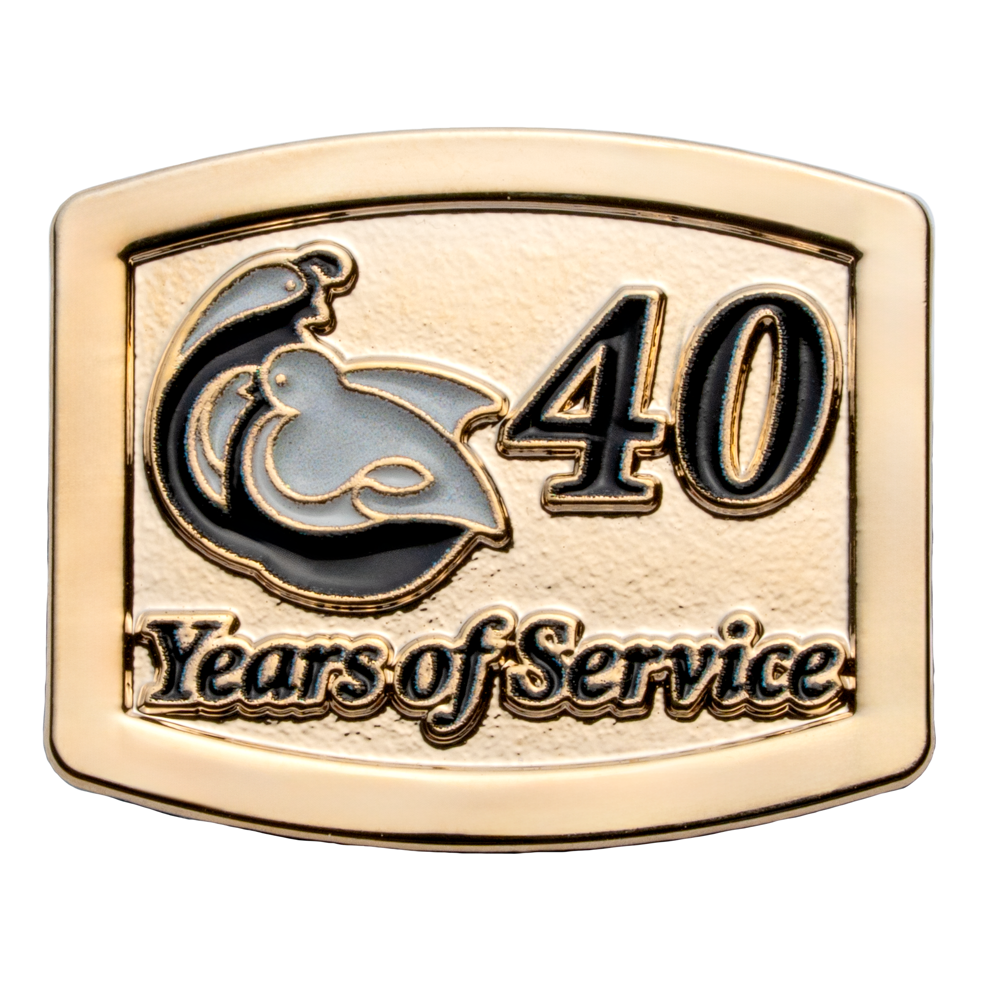 Gold rectangular lapel pin with black text reading 40 Years of Service and a grey and black bird emblem.