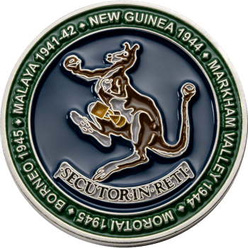 Custom challenge coin featuring a leaping brown kangaroo with an hourglass, surrounded by historical military campaigns on a green and blue enamel background.