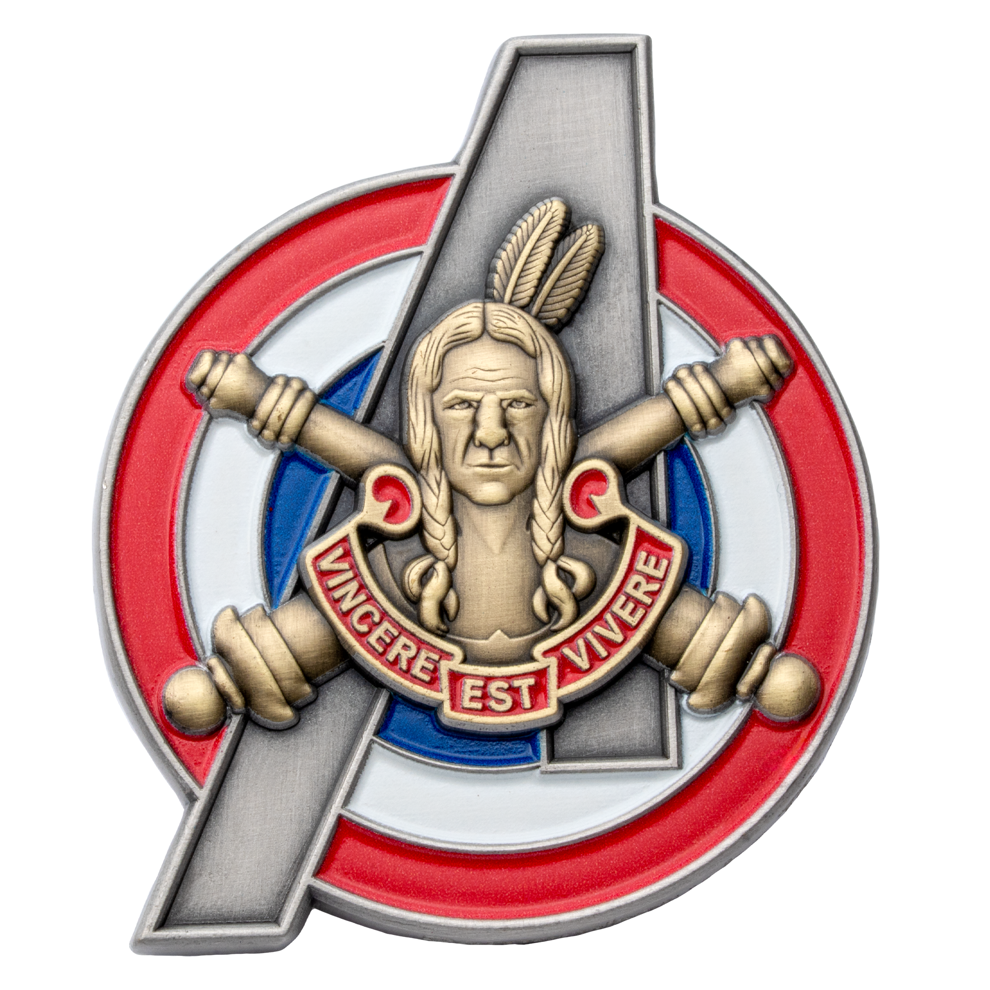 Challenge coin featuring a Native American portrait over crossed cannons and a stylized 'A' emblem with red, white, and blue enamel.