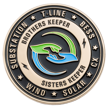 Circular challenge coin with interlocking green and blue hands, featuring text for Substation, T-Line, BESS, CX, Solar, and Wind.