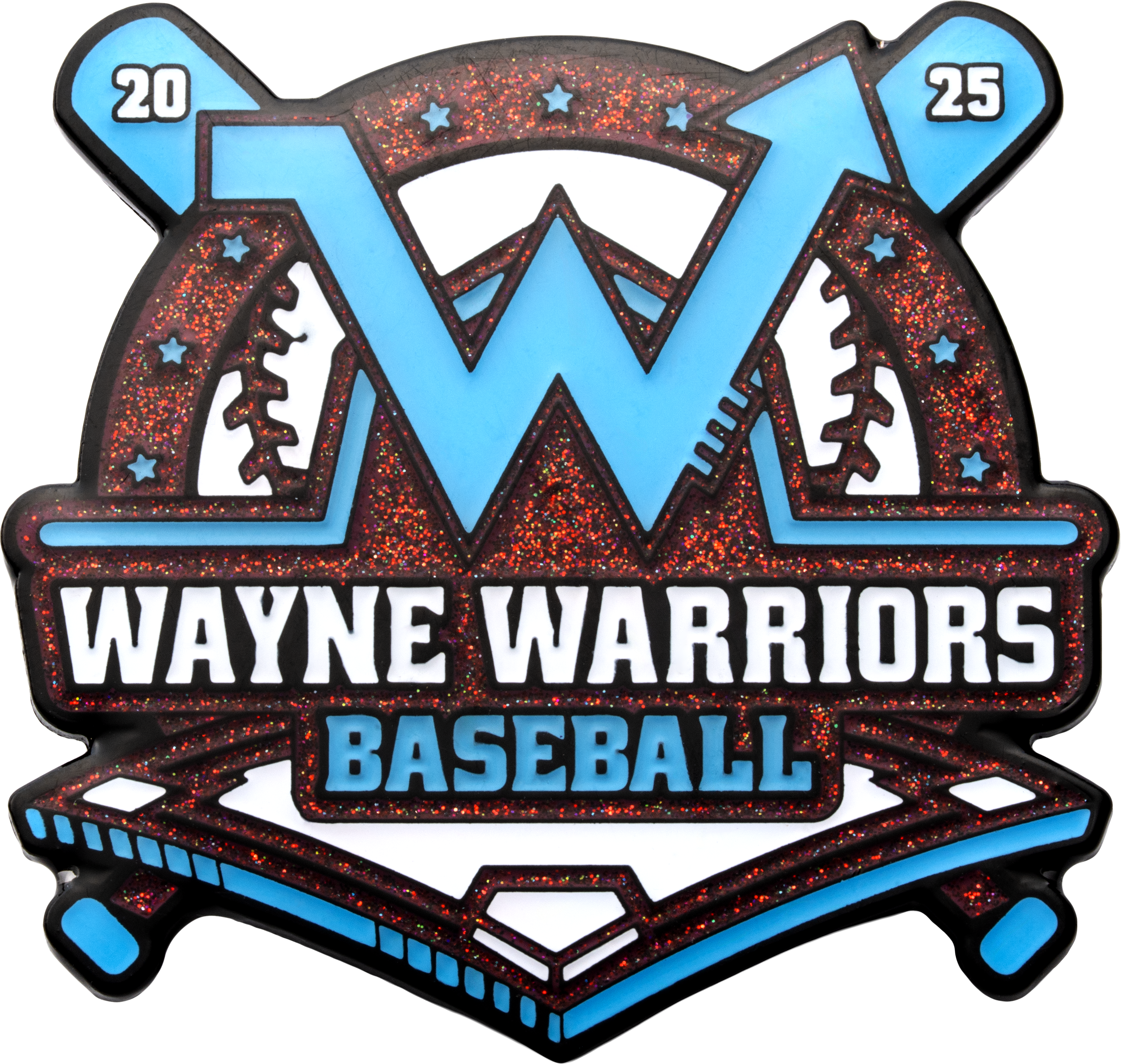 Wayne Warriors Baseball lapel pin featuring a blue 'W', crossed bats, and red glitter background with the years 20 and 25.
