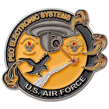 Circular challenge coin for PEO Electronic Systems U.S. Air Force featuring a black bird, laser beam, and orange and black enamel design.