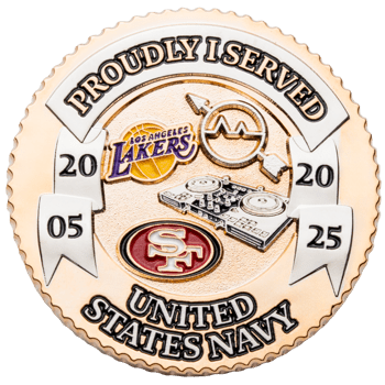 Gold and silver challenge coin featuring the United States Navy, Los Angeles Lakers, San Francisco 49ers, and a DJ turntable design.