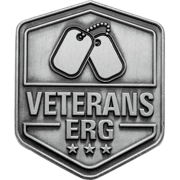 Shield shaped antiqued silver lapel pin featuring dog tags, the text Veterans ERG, and three stars.