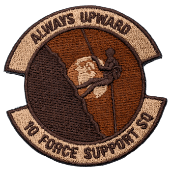Embroidered patch for 10 Force Support SQ featuring a mountain climber rappelling against a globe and the text Always Upward.