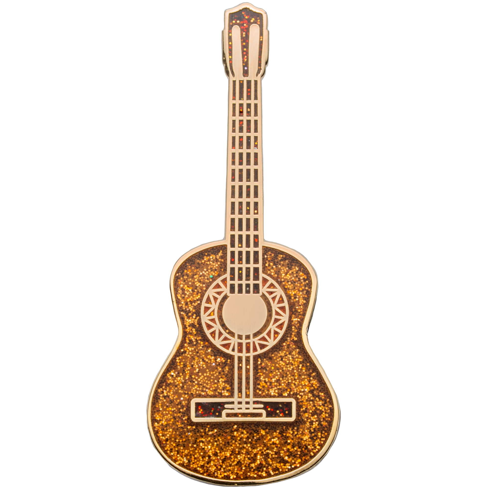 Acoustic guitar shaped lapel pin with gold glitter enamel and gold plating.